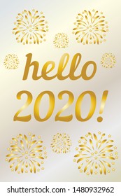 2020 year golden hello vertical on white background. Vector card design. Winter xmas snow background. Happy chinese new year. Happy new year gold color background. Winter season. New message.
