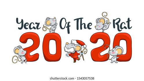 2020 Year inscription and cute mouse character. New Year banner template with rat. 2020 Lunar year of mouse. Handdrawn cartoon vector illustration on white background. Winter holiday banner template