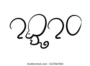 2020 Year inscription with mouse, black vector illustration on white background. 2020 handdrawn lettering for New Year or Christmas postcard. Chinese zodiac animal mouse or rat. 2020 New Year symbol