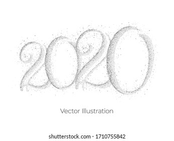 2020 year isolated abstract dotwork vector illustration made of cloud of black dots on white background. Two and zero numbers digital art consists of gray particles. 