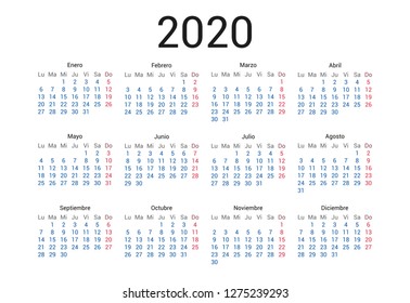 2020 year Italian calendar in Italian language. Classical, minimalistic, simple design. White background. Vector Illustration. Week starts from monday.
