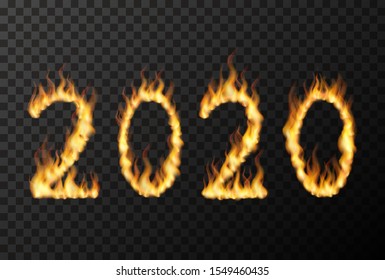 2020 year, lettering made from bright fire flames on transparent background