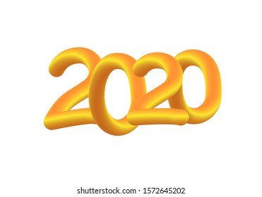 2020 Year. Liquid fluid numbers. Holiday vector illustration of golden metallic style. Happy New Year sign. Yellow Realistic 3d element. Festive poster or banner design isolated on white