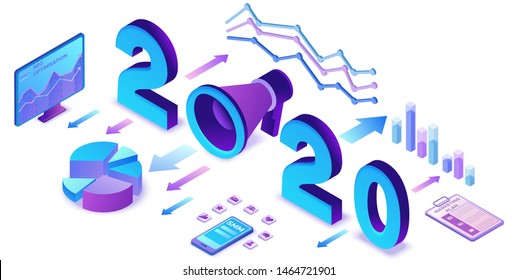 2020 year marketing plan, social media isometric 3d infographic strategy, promotion campaign concept, analyze website content report, advertising banner vector illustration
