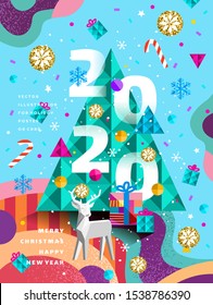 2020 year. Merry Christmas and happy new year. Vector geometric abstract holiday illustration. Modern background of Christmas tree, decorations, gifts, deer and snowflakes.
 
