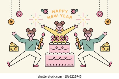 2020 es el año de los ratones. Gran pastel con la gente celebrando. Nuevo concepto de tarjeta de año. ilustración vectorial mínima de diseño plano.