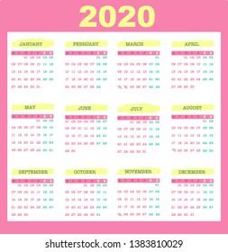 2020 year monthly calendar vector design