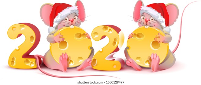 2020 year of mouse calendar. Two twin mice are holding cheese. Rat in red santa christmas hat. Isolated on white vector cartoon illustration