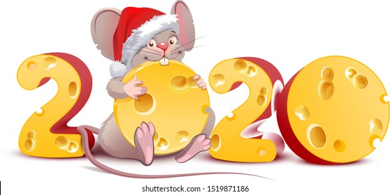 2020 year of mouse to Chinese calendar. Santa mouse holding swiss cheese. Isolated on white vector cartoon illustration