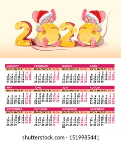 2020 year of mouse to Chinese calendar. Wall calendar grid template. Santa mouse holding swiss cheese. Vector cartoon illustration