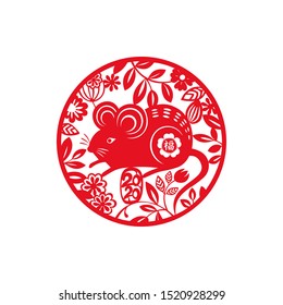 2020 Year of the Mouse. Chinese Zodiac Rat Sign round design. Chinese Animal lunar calendar mice traditional paper cut art pattern. 
