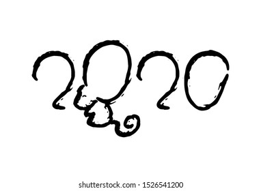 2020 Year of mouse, grungy vector illustration on white background. 2020 rough ink lettering for New Year or Christmas postcard. Chinese zodiac animal mouse or rat. 2020 New Year symbol isolated.