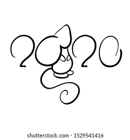 2020 Year with mouse, minimalist black and white vector illustration. 2020 handdrawn lettering for New Year or Christmas postcard. Chinese zodiac animal mouse or rat. 2020 New Year symbol rat isolated