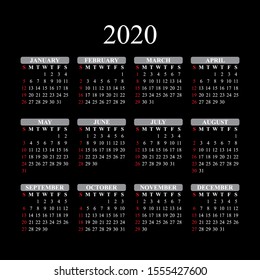 Сalendar for 2020 year on black background. Vector EPS10.