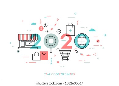 2020 - year of opportunities. Plans and prospects in global shopping, internet retail, sales and discounts, buying products online. Infographic concept. Modern vector illustration in thin line style.