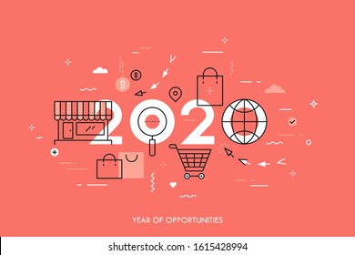 2020 - year of opportunities. Plans and prospects in global shopping, internet retail, sales and discounts, buying products online. Infographic concept. Modern vector illustration in thin line style.