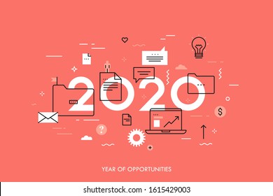 2020 - year of opportunities. Trends and prospects in ERP systems, storage and organization of electronic documents, work task planning. Infographic concept. Vector illustration in thin line style.