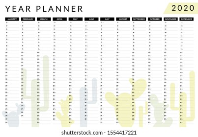 2020 Year planner with cacti. Wall calendar design template, cactus. Horizontal annual worldwide printable wall planner, diary, with dates, days of the month and space for personal notes. - Vector