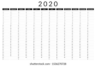 2020 Year planner. Grid calendar. Organizer. Business. Vector