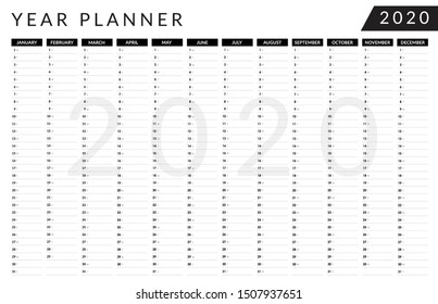 2020 Year planner. Wall calendar design template. Horizontal annual worldwide printable wall planner, diary, activity template - with dates, days of the month and space for personal notes. - Vector