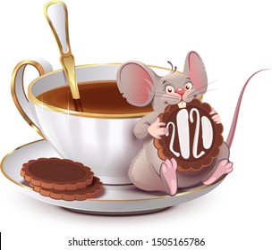 2020 year of rat according to Chinese calendar. Cute mouse sits by cup of coffee and eats cookie 2020. Isolated on white vector cartoon illustration