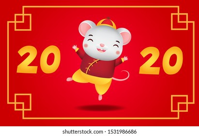 2020 year of rat card template. Chinese new year banner. cartoon happy mouse dance.