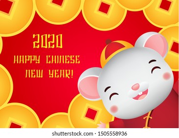 2020 year of rat. Chinese new year banner. cartoon mouse happy face and lucky golden coins.