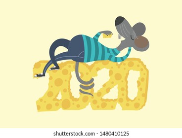 2020. Year of the rat. Funny rat eats cheese on figures 2020 from cheese. Vector illustration