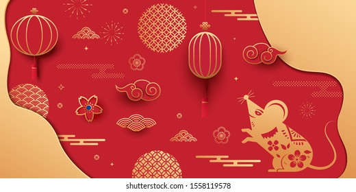 2020 - Year of the Rat, golden and red background, Chinese traditional elements vector, red lanterns and clouds, paper-cut art