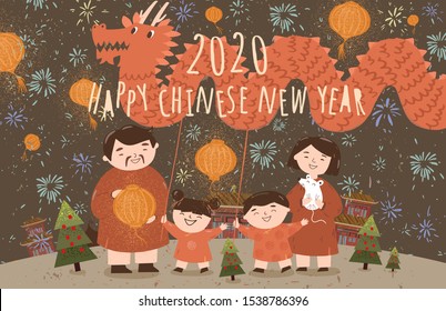 2020, year of the rat, happy chinese new year. Happy Asian family celebrate the holiday with lanterns and a dragon. Сute drawing of Korean mother, father and children
 
