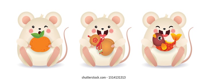 Ilustração do ano 2020 do rato. Conjunto de rato bonito dos desenhos animados segurando tangerina, cabaça de garrafa chinesa e peixe koi isolado no fundo branco. Ícone ou item do Ano Novo Chinês. (tradução: bênção)