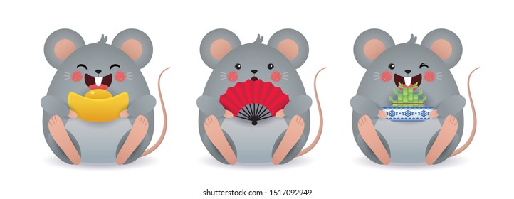 2020 year of the rat illustration. Set of cute cartoon mouse holding gold ingot, chinese fan & bamboo plant isolated on white background. Chinese New Year icon or item.