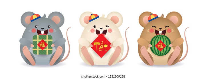 2020 year of the rat illustration. Set of cute cartoon mouse holding watermelon, couplet & banh chung (rice cake) isolated on white background. (translation: blessing ; vietnam lunar new year)