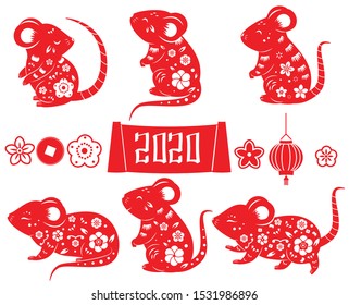 2020 year of rat. Mouse collection for Chinese new year design. animal. Lantern, flowers and other isolated elements in red color. Vector set