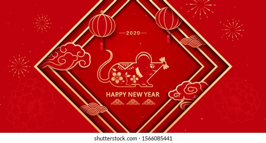 2020 Year of the Rat, mouse paper-cut or window grille, red lantern and auspicious cloud, the words on the Spring Festival couple: Xin Nian Kuai Le, New Year's card