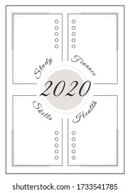 2020 year resolution minimalist planner page design. Annual plan with list for notes and tasks. Lifestyle categories bullet journal printable sheet. Personal organizer. Notebook vector template