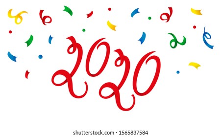 2020 year of ribbon and confetti. Congratulations on the new year. Colorful vector illustration, banner design