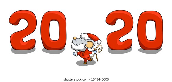 2020 Year and Santa Claus mouse character. New Year banner template with rat. 2020 Lunar year of mouse. Handdrawn cartoon vector illustration on white background. Winter holiday card. Cute x-max print