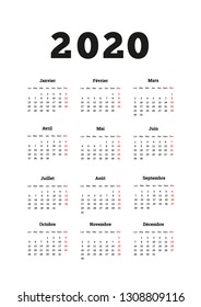 2020 year simple calendar on french language, A4 size vertical sheet on white