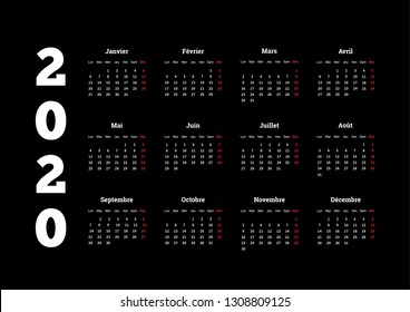 2020 year simple calendar on french language on black