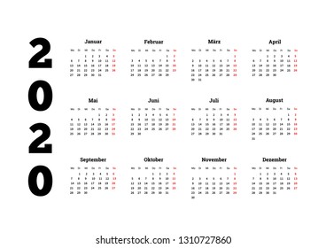 2020 year simple calendar on german language on white