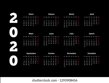 2020 year simple calendar in spanish on black