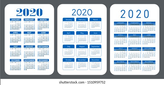 2020 year. Simple pocket calendar set. Vector design collection. Color English calender. Basic grid template for print. Week starts on Sunday