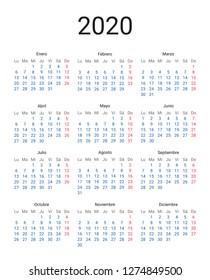 2020 year Spanish calendar in Spanish language. Classical, minimalistic, simple design. White background. Vector Illustration. Week starts from monday.
