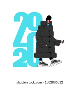 2020 year Stylish man High-soled sneakers and big down jacket. Russia Street fashion trend 
