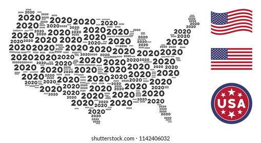 2020 year texts are organized into American map collage. Vector collage of American geographic plan is constructed of 2020 year text elements. Designed for political and patriotic promotion.