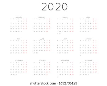 2020 Year Vector Calendar Minimal Style. Week starts on Monday. Calendar layout template. Stationery  organizer reminder planner on 2020 year horizontal orientation. Vector Illustration