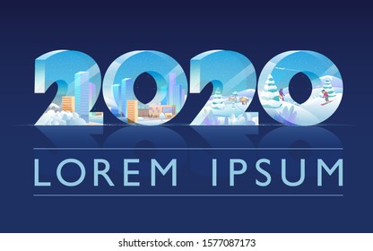 2020 year Volumetric figures Happy christmas and new year. City and countryside landscape snow falls people are actively resting. Template for the design card, calendar, web advertising, presentation,