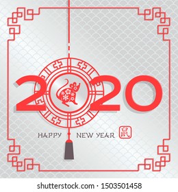 2020 is the year of the White Metal Rat. Paper chinese lantern with shadows. Red calligraphic of 2020, hieroglyph on silver background with frame. Flat paper illustration with mouse