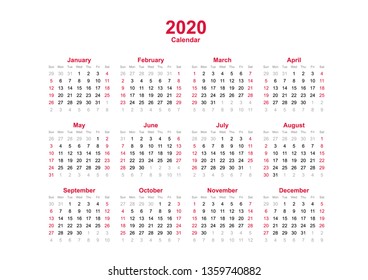 2020 yearly calendar - 12 months yearly calendar set in 2020 - set of calendar year 2020 - calendar template in landscape orientation